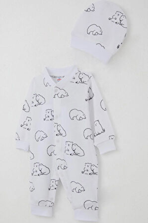 Breeze Erkek Bebek Tulum Sevimli Kutup Ayıcığı Desenli 0-6 Ay, Beyaz
