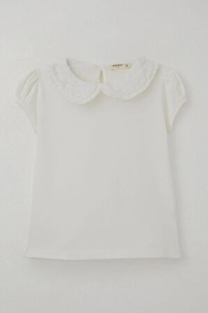 Breeze Kız Çocuk Tişört Yakası Çiçek Nakış Detaylı 5-10 Yaş, Ekru