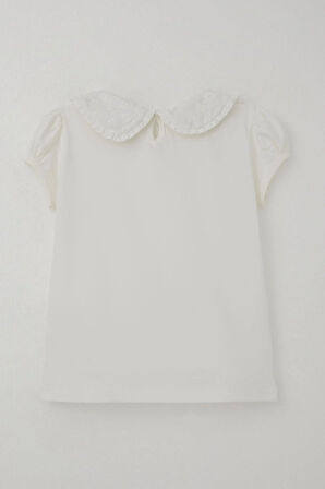 Breeze Kız Çocuk Tişört Yakası Çiçek Nakış Detaylı 5-10 Yaş, Ekru