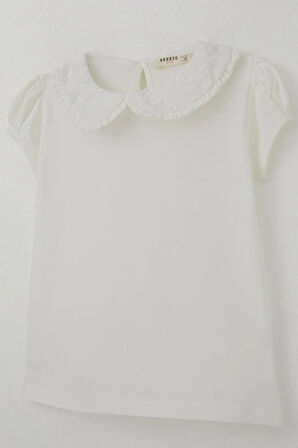 Breeze Kız Çocuk Tişört Yakası Çiçek Nakış Detaylı 5-10 Yaş, Ekru