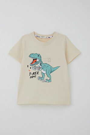 Breeze Erkek Çocuk Şortlu Takım Konsol Kralı Oyuncu Dinozor Baskılı 2-6 Yaş, Krem