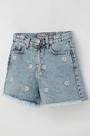 Breeze Kız Çocuk Şort Jean Papatya Nakışlı Paçası Püskül Detaylı 5-9 Yaş, Açık Mavi