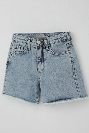 Breeze Kız Çocuk Şort Jean Paçası Püskül Detaylı Cepli 10-14 Yaş, Açık Mavi