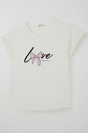 Breeze Kız Çocuk Tişört Sevgi Temalı Yazı Baskılı Simli 9-14 Yaş, Ekru