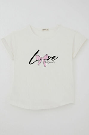 Breeze Kız Çocuk Tişört Sevgi Temalı Yazı Baskılı Simli 9-14 Yaş, Ekru