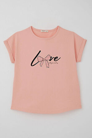 Breeze Kız Çocuk Tişört Sevgi Temalı Yazı Baskılı Simli 9-14 Yaş, Somon