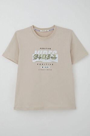 Breeze Erkek Çocuk Tişört Motivasyon Temalı & Sırt Kısmı Yazı Baskı Detaylı 9-16 Yaş, Bej