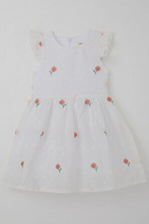 Breeze Kız Çocuk Elbise Çiçek Nakışlı Güpür Detaylı 3-7 Yaş, Ekru