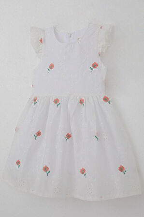 Breeze Kız Çocuk Elbise Çiçek Nakışlı Güpür Detaylı 3-7 Yaş, Ekru