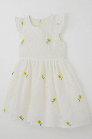 Breeze Kız Çocuk Elbise Çiçek Nakışlı Güpür Detaylı 3-7 Yaş, Ekru