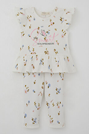 Breeze Kız Çocuk Taytlı Takım Renkli Çiçek Desenli Fırfırlı 2-6 Yaş, Ekru