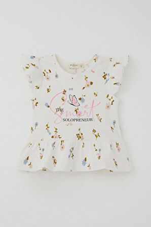 Breeze Kız Çocuk Taytlı Takım Renkli Çiçek Desenli Fırfırlı 2-6 Yaş, Ekru