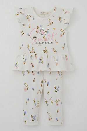 Breeze Kız Çocuk Taytlı Takım Renkli Çiçek Desenli Fırfırlı 2-6 Yaş, Ekru