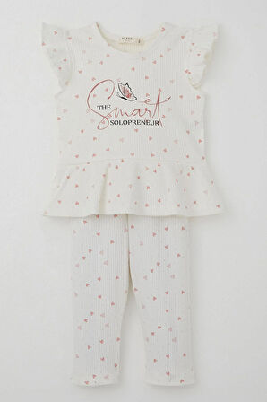 Breeze Kız Çocuk Taytlı Takım Minik Kalpler Desenli Yazı Baskılı Fırfırlı 2-6 Yaş, Ekru