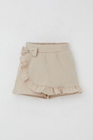 Breeze Kız Çocuk Şort Etek Fiyonk Aksesuarlı Fırfırlı 3-8 Yaş, Bej