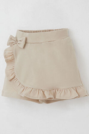 Breeze Kız Çocuk Şort Etek Fiyonk Aksesuarlı Fırfırlı 3-8 Yaş, Bej
