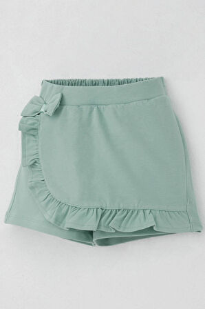 Breeze Kız Çocuk Şort Etek Fiyonk Aksesuarlı Fırfırlı 3-8 Yaş, Su Yeşili