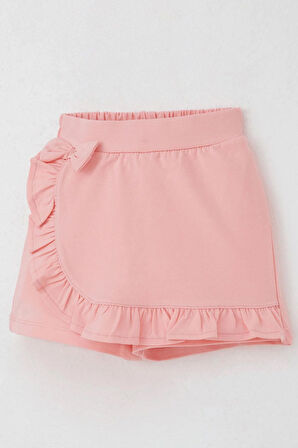 Breeze Kız Çocuk Şort Etek Fiyonk Aksesuarlı Fırfırlı 3-8 Yaş, Somon