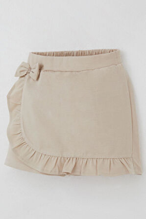 Breeze Kız Çocuk Şort Etek Fiyonk Aksesuarlı Fırfırlı 6-10 Yaş, Bej