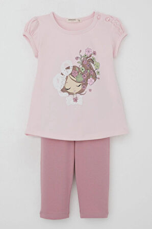 Breeze Kız Çocuk Kapri Taytlı Takım Çiçekli Kız Baskılı 1.5-5 Yaş, Pembe