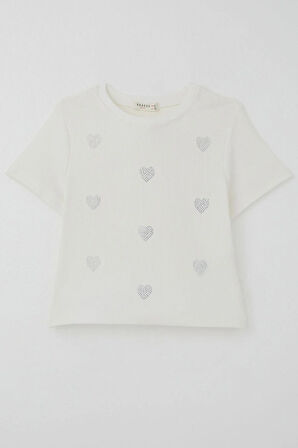 Breeze Kız Çocuk Tişört Taşlı Kalp Desenli 9-14 Yaş, Ekru