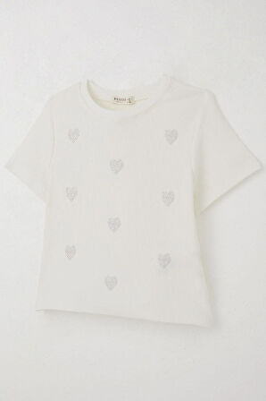Breeze Kız Çocuk Tişört Taşlı Kalp Desenli 9-14 Yaş, Ekru