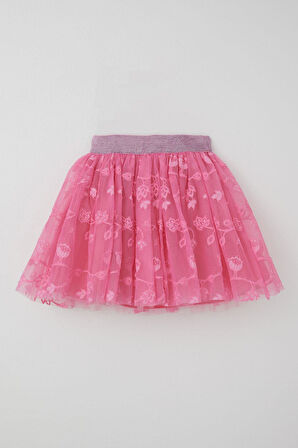 Breeze Kız Çocuk Tütü Etek Çiçek Nakışlı Beli Lastikli Simli 5-10 Yaş, Pembe