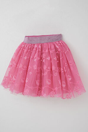 Breeze Kız Çocuk Tütü Etek Çiçek Nakışlı Beli Lastikli Simli 5-10 Yaş, Pembe