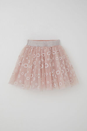 Breeze Kız Çocuk Tütü Etek Çiçek Nakışlı Beli Lastikli Simli 5-10 Yaş, Pudra