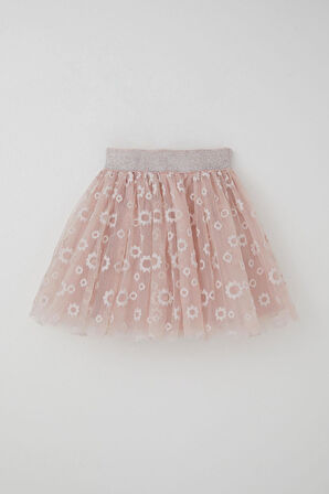 Breeze Kız Çocuk Tütü Etek Çiçek Nakışlı Beli Lastikli Simli 5-10 Yaş, Pudra