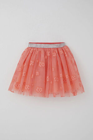 Breeze Kız Çocuk Tütü Etek Çiçek Nakışlı Beli Lastikli Simli 5-10 Yaş, Somon