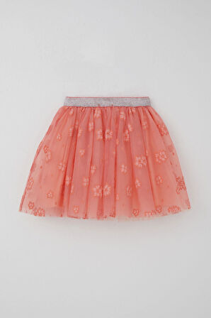 Breeze Kız Çocuk Tütü Etek Çiçek Nakışlı Beli Lastikli Simli 5-10 Yaş, Somon