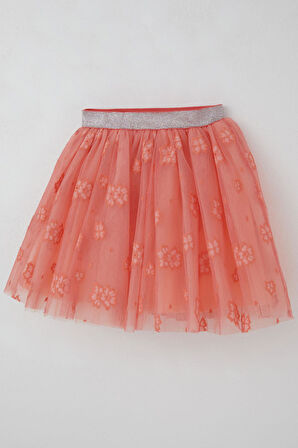 Breeze Kız Çocuk Tütü Etek Çiçek Nakışlı Beli Lastikli Simli 5-10 Yaş, Somon