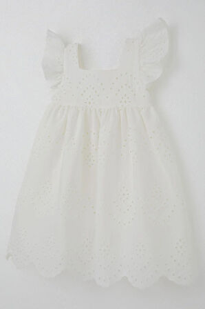 Breeze Kız Çocuk Elbise Çiçek Nakışlı Arka Kısmı Fermuarlı 3-8 Yaş, Ekru