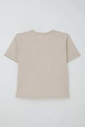 Breeze Kız Çocuk Şortlu Takm Yazı Baskılı Beli Lastikli Cepli 6-12 Yaş, Bej