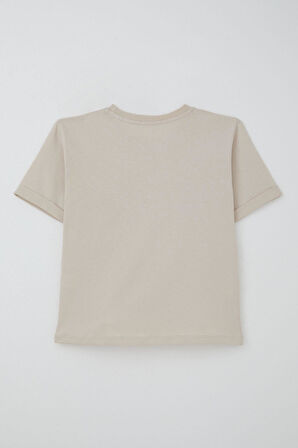 Breeze Kız Çocuk Şortlu Takm Yazı Baskılı Beli Lastikli Cepli 6-12 Yaş, Bej