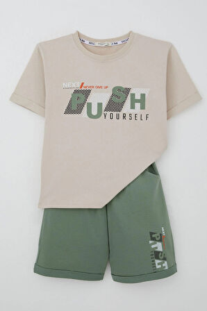 Breeze Kız Çocuk Şortlu Takm Yazı Baskılı Beli Lastikli Cepli 6-12 Yaş, Bej