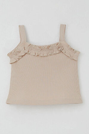 Breeze Kız Çocuk Askılı Crop Tişört Fırfır Detaylı 8-14 Yaş, Bej