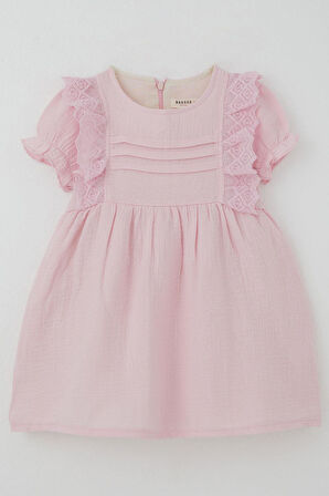 Breeze Kız Bebek Elbise Omuz Kısmı Güpür Detaylı Kolları Lastikli 9 Ay-3 Yaş, Pembe