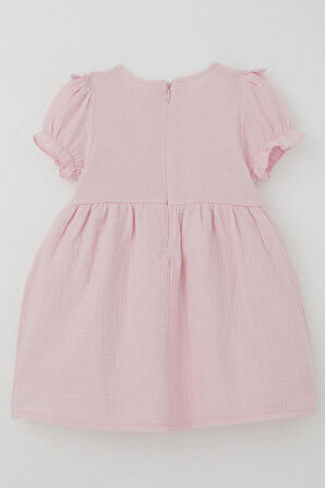 Breeze Kız Bebek Elbise Omuz Kısmı Güpür Detaylı Kolları Lastikli 9 Ay-3 Yaş, Pembe