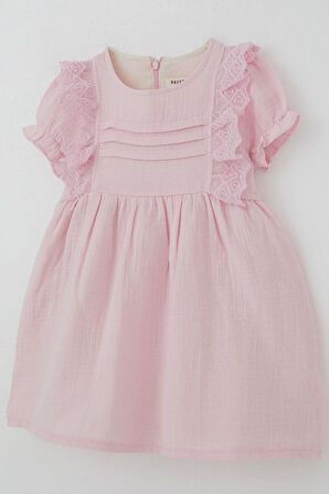 Breeze Kız Bebek Elbise Omuz Kısmı Güpür Detaylı Kolları Lastikli 9 Ay-3 Yaş, Pembe