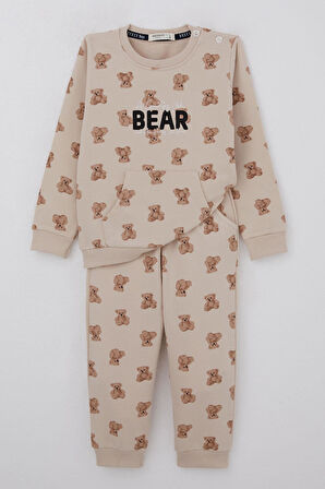 Breeze Erkek Bebek Eşofman Takımı Sevimli Ayıcık Desenli Pantolonu Düğme Aksesuarlı 9 Ay-3 Yaş, Bej