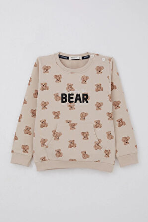 Breeze Erkek Bebek Eşofman Takımı Sevimli Ayıcık Desenli Pantolonu Düğme Aksesuarlı 9 Ay-3 Yaş, Bej