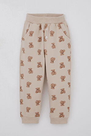 Breeze Erkek Bebek Eşofman Takımı Sevimli Ayıcık Desenli Pantolonu Düğme Aksesuarlı 9 Ay-3 Yaş, Bej