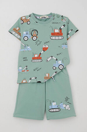 Breeze Erkek Çocuk Şortlu Takım Eğlenceli İş Makineleri Desenli 1.5-5 Yaş, Su Yeşili