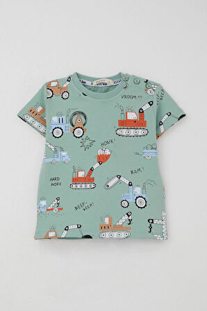 Breeze Erkek Çocuk Şortlu Takım Eğlenceli İş Makineleri Desenli 1.5-5 Yaş, Su Yeşili