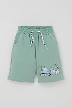 Breeze Erkek Çocuk Şortlu Takım Eğlenceli İş Makineleri Desenli 1.5-5 Yaş, Su Yeşili