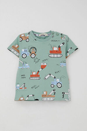 Breeze Erkek Çocuk Şortlu Takım Eğlenceli İş Makineleri Desenli 1.5-5 Yaş, Su Yeşili