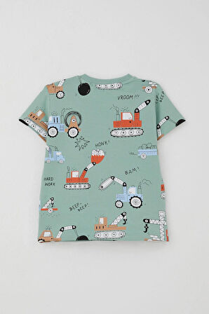 Breeze Erkek Çocuk Şortlu Takım Eğlenceli İş Makineleri Desenli 1.5-5 Yaş, Su Yeşili