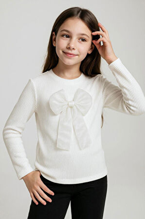 Breeze Kız Çocuk Uzun Kollu Tişört Fiyonk Aksesuarlı 8-12 Yaş, Ekru